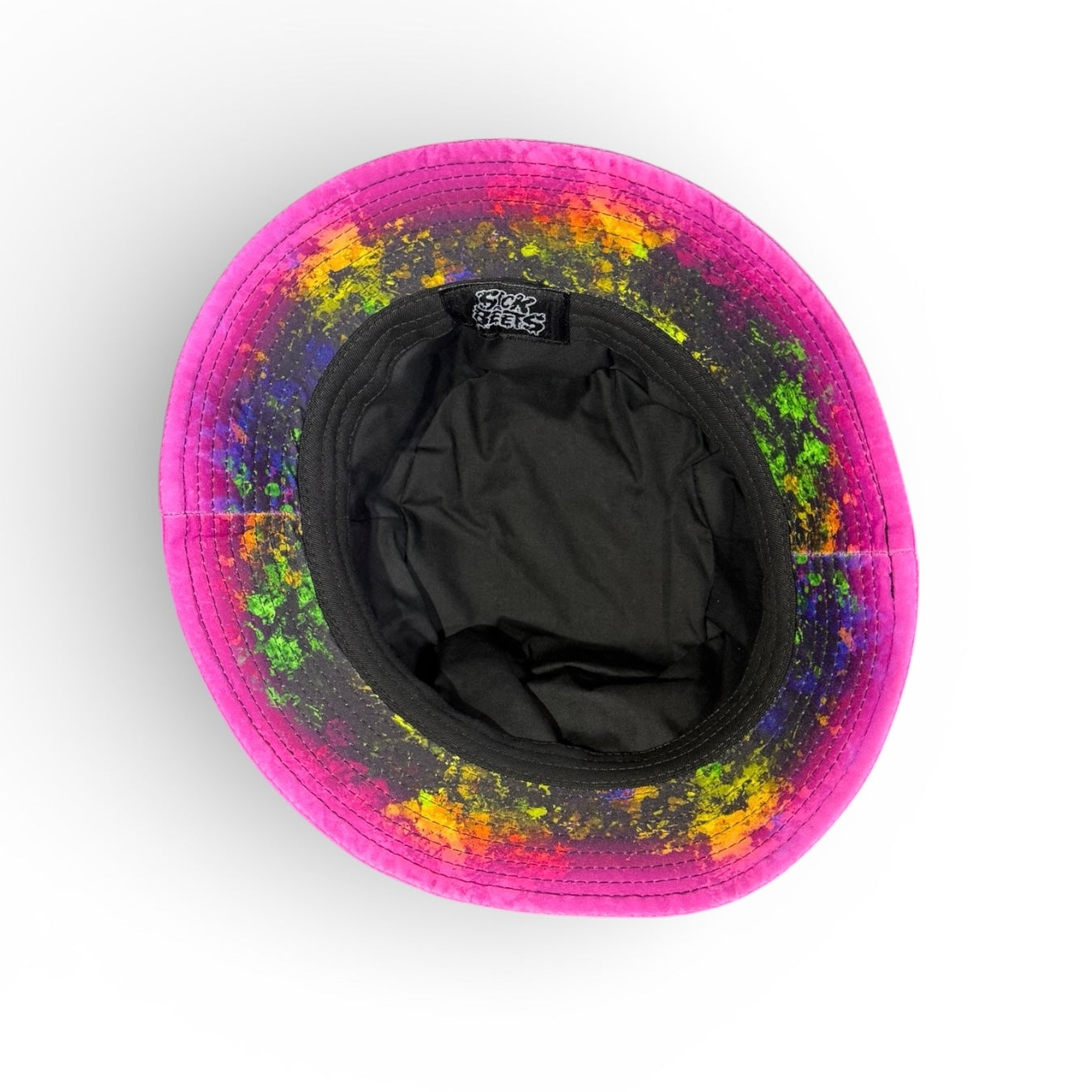 The bottom of our skull bucket hat available in regular and large sizes, fits up to 26 inchres (66cm) uv reactive rave festival hat. colorfu brim