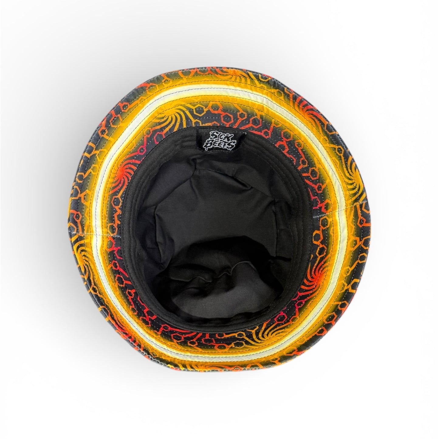 The bottom of our alien spaceship bucket hat the design features a geometric pattern with a yellow line under a blacklight at night fits up to 66cm , standard and large sizes