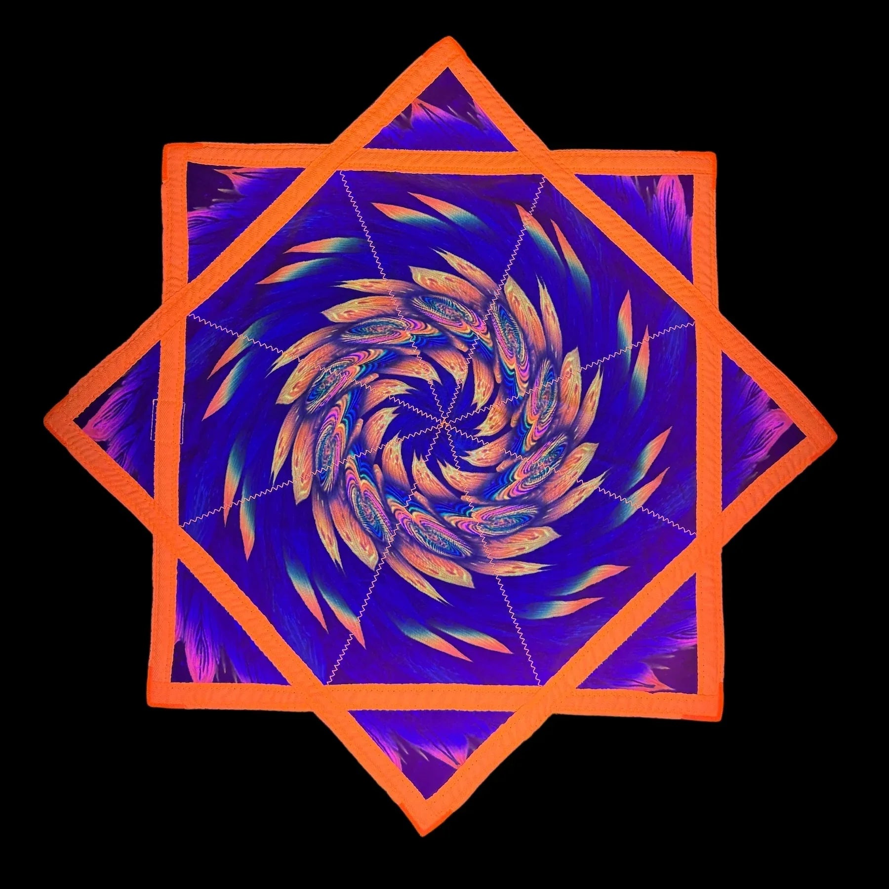 Colorful spiral design with an orange border on a black background