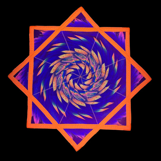 Colorful spiral design with an orange border on a black background