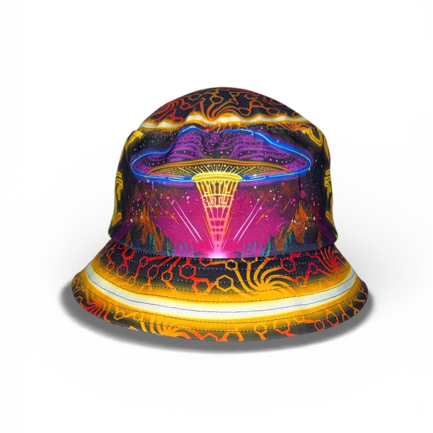 The front of our alien spaceship bucket hat the design features a spaceship during day time and fits up to 66cm , standard and large sizes