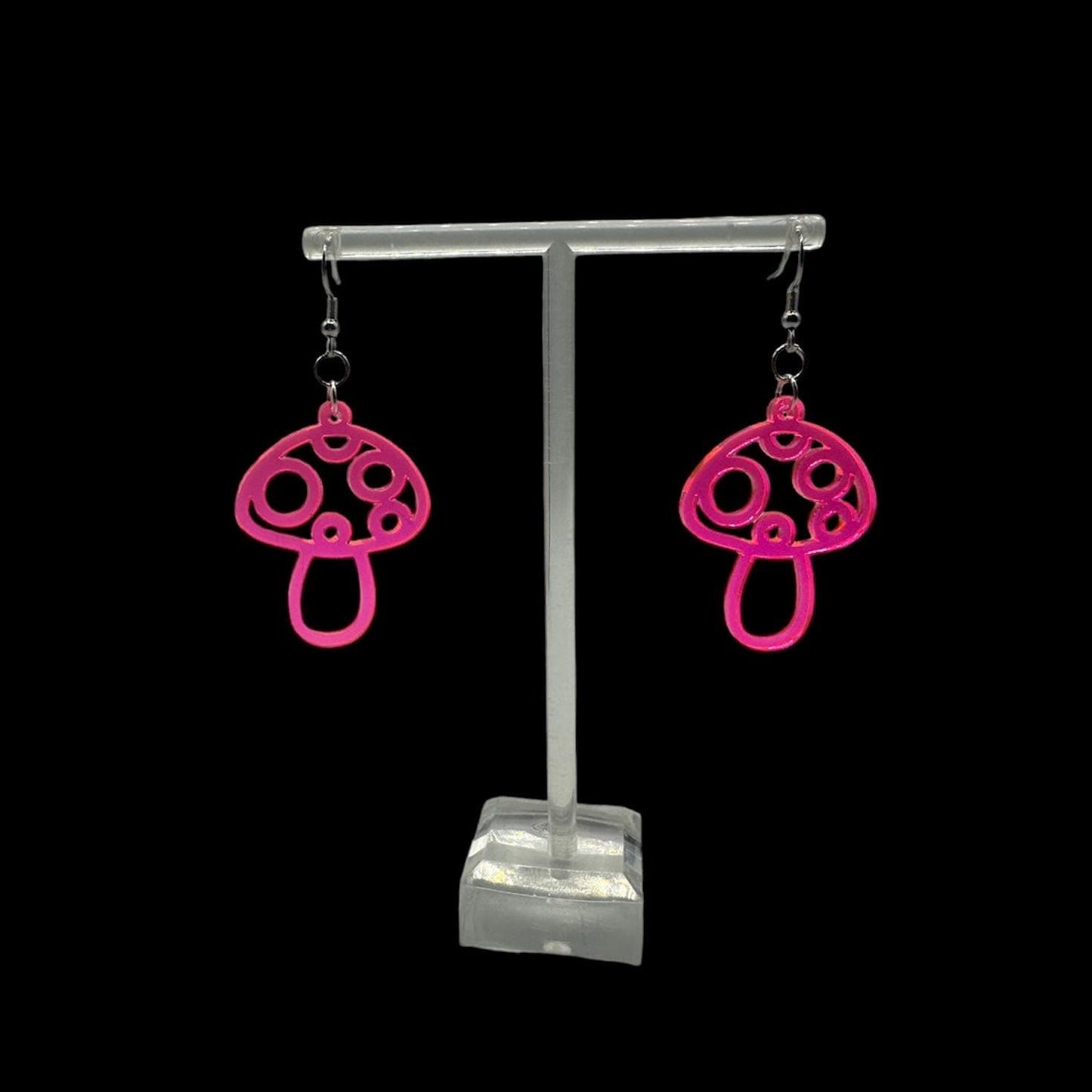Pink Mushroom Earrings UV Reactive