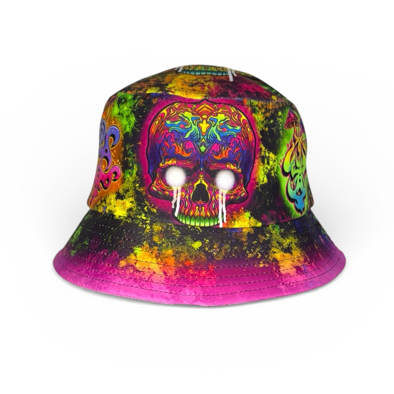 The front of our skull bucket hat available in regular and large sizes, fits up to 26 inchres (66cm) uv reactive rave festival hat. Colorful patterns during daytime