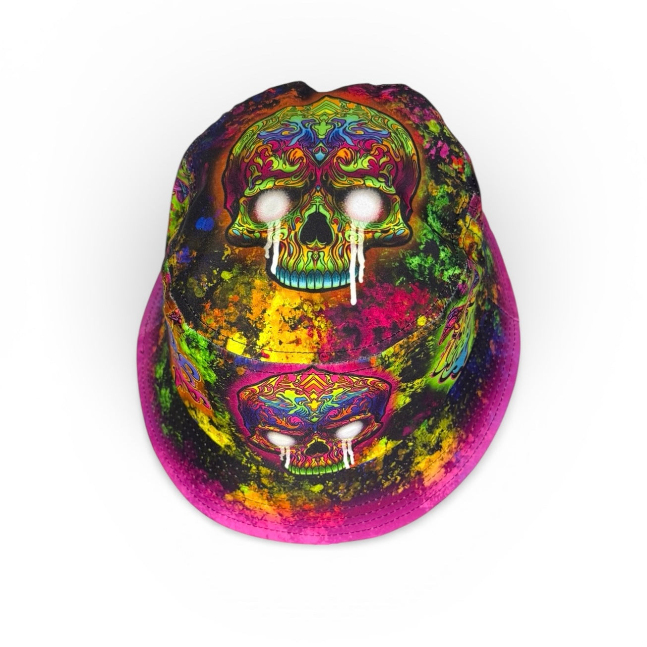 The top of our skull bucket hat thats available in regular and large sizes, fits up to 26 inchres (66cm) uv reactive rave festival hat. 