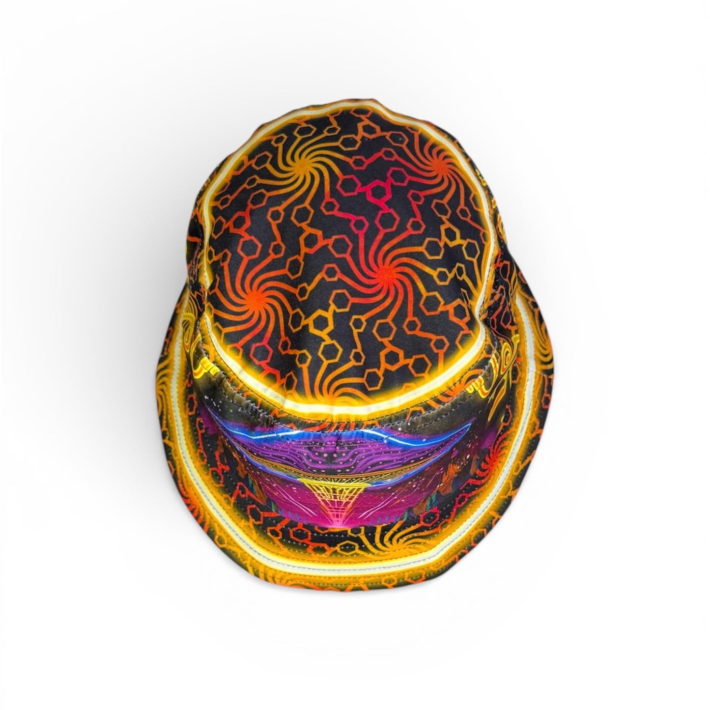 The top of our alien spaceship bucket hat the design during the daytime features a geometric pattern fits up to 66cm , standard and large sizes