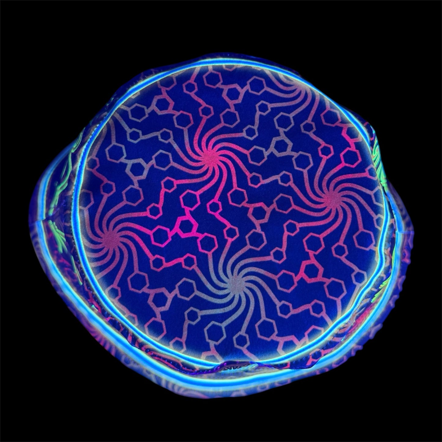 The top of our alien spaceship bucket hat the design features a geometric pattern under a blacklight at night fits up to 66cm , standard and large sizes