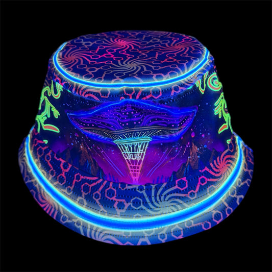 The front of our  alien spaceship bucket hat under a blacklight at night fits up to 66cm , standard and large sizes